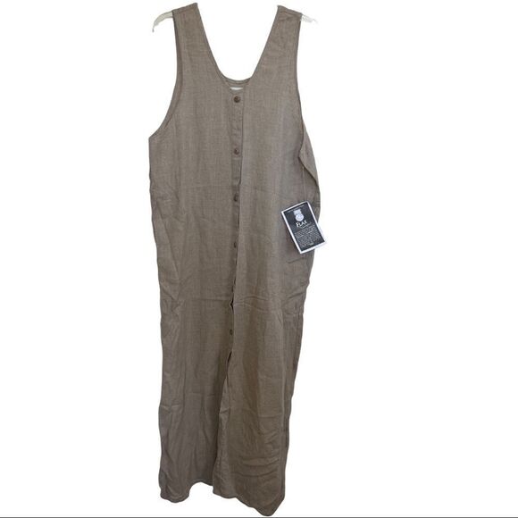 Flax 100% Linen Tan Sleeveless Button-Front Lagenlook Peasant Midi Dress - Picture 1 of 7